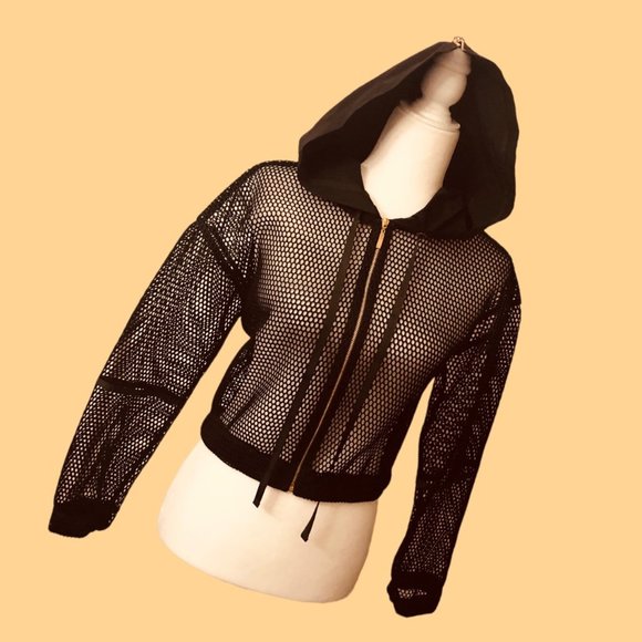 ERMANNA Black Mesh Hoodie Long Sleeve Zip-Up Jacket Size M New without Tag - Picture 3 of 7